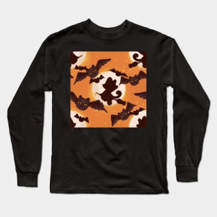 spooky halloween pattern with cat-bats orange Long Sleeve T-Shirt